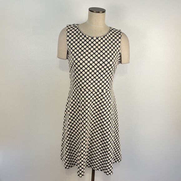 TALBOTS Women’s LP Stretch Polka Dot Dress Large Petites Gray White Fit & Flare - Picture 1 of 7